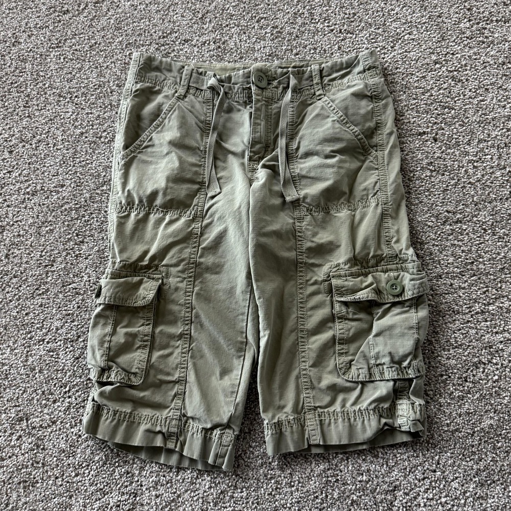 Y2K Old Navy Womens 28 Green Cargo Poplin Bermuda Elastic Waist Drawstring